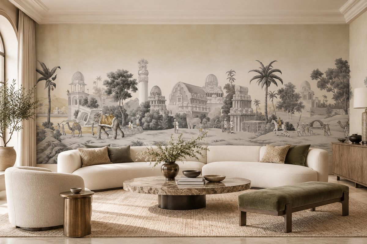 Voyage of India panoramic mural in elegant living room